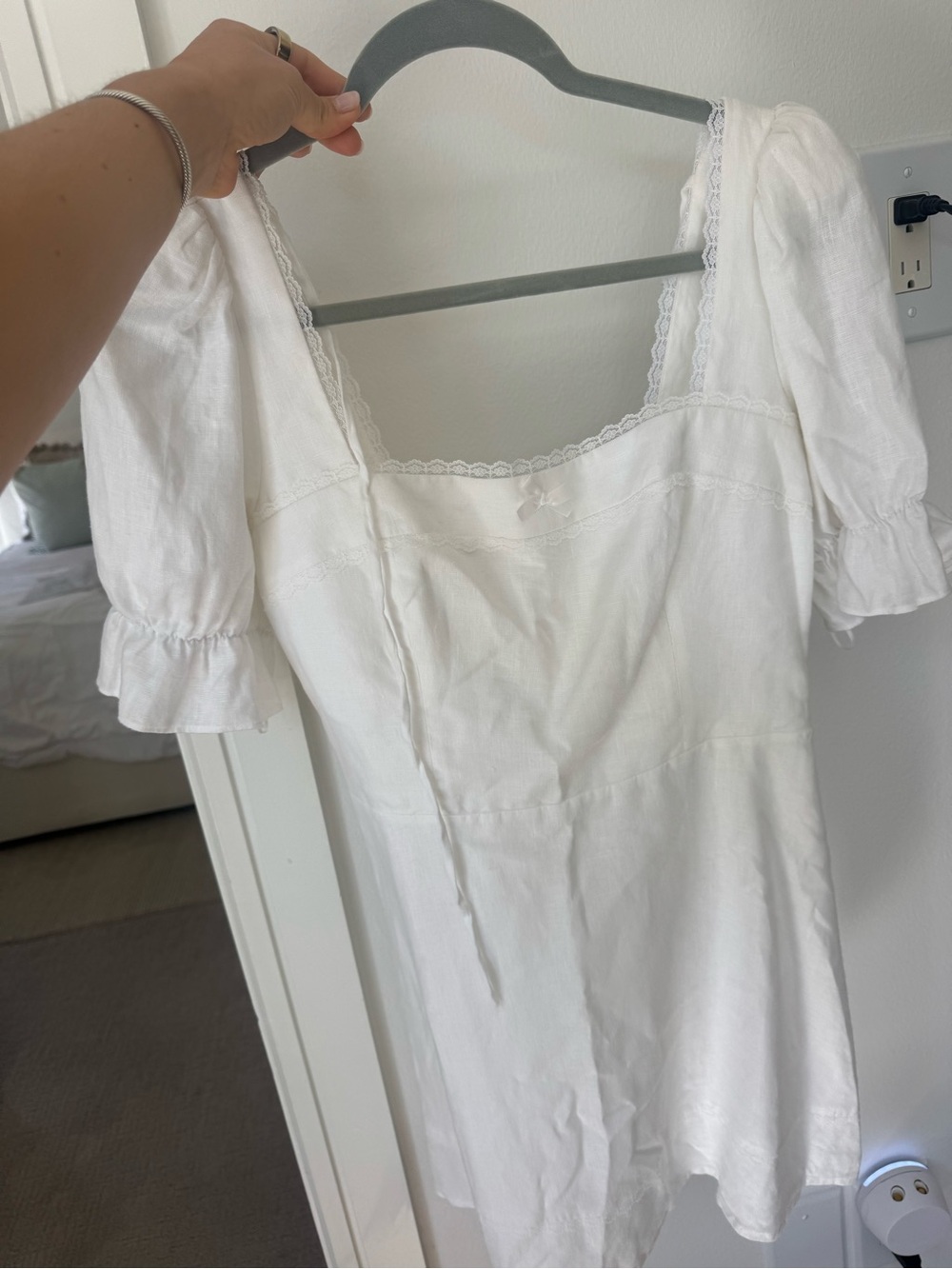 Reformation Linen Square-Neck Mini Dress with Puff Sleeves